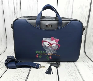 Torba na laptop antracyt nabłyszczany- granat  z haftem sowy 