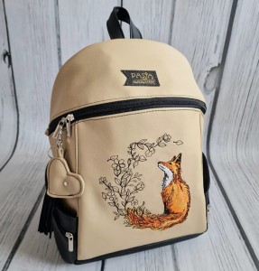 Plecak Abbey ciemny beż z haftem lisa z kwiatami
