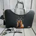 Torba na laptop szaro-czarna z haftem lisa z listkami