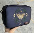 Torebka box granatowa nabłyszczany z haftem ćmy z listkami